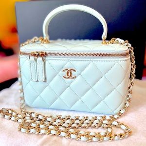 NEW Chanel Baby Sky Blue Vanity With Chain Top Handle Shoulder Crossbody Bag